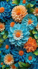 A colorful bouquet of flowers with blue and orange petals. The flowers are arranged in a way that creates a sense of depth and dimension. Scene is cheerful and vibrant