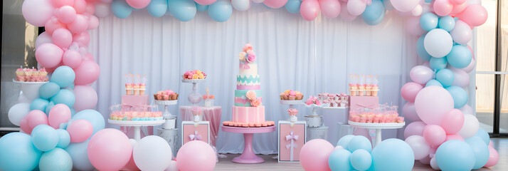 Delightful Birthday Setup with Pastel Balloons, Sparkling Banner and A Cheerfully Decorated Table: A Perfect Child's Celebration Space