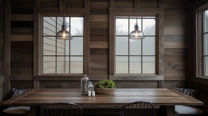 Rustic barnwood eating nook with shiplap walls antique chicken wire doors industrial pendants and vintage pine farm table. - obrazy, fototapety, plakaty