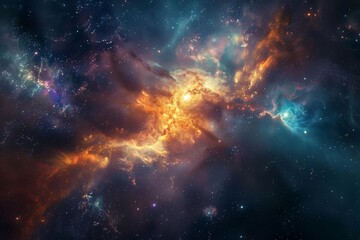 Vivid cosmic clouds and nebula formations surrounded by a myriad of stars in deep space, captured in high detail. - obrazy, fototapety, plakaty