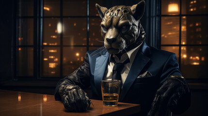 A man in a suit and tie is sitting at a bar with a glass of whiskey. He looks like a tiger and is wearing a tie - obrazy, fototapety, plakaty