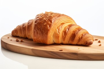 Tempting croissant on a wooden board against a white background