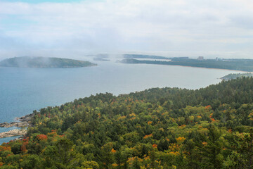 Fototapeta na wymiar Fog on the Lake Superior, views from the top of Sugerloaf Mountain