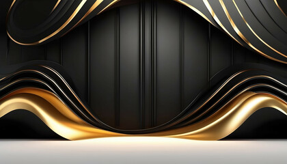Beautiful black abstract luxury background with 3D texture of wavy lines with golden elements and smooth podium. 
