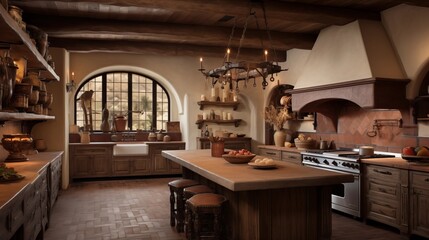 Rustic Italian country villa kitchen with arched doorways wood beamed ceilings terracotta floors and copper range hood. - obrazy, fototapety, plakaty