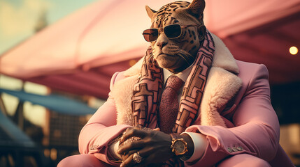 A man in a pink suit and a leopard mask is sitting on a ledge. He is wearing sunglasses and a tie - Powered by Adobe