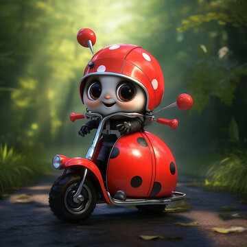 A cute ladybug riding a red scooter in the forest.