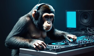 Chimpanzee playing music on a turntable