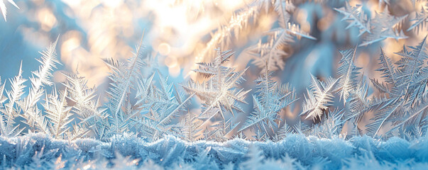 A close-up of frost patterns on a windowpane, the intricate designs clear against a blurred snowy background,
