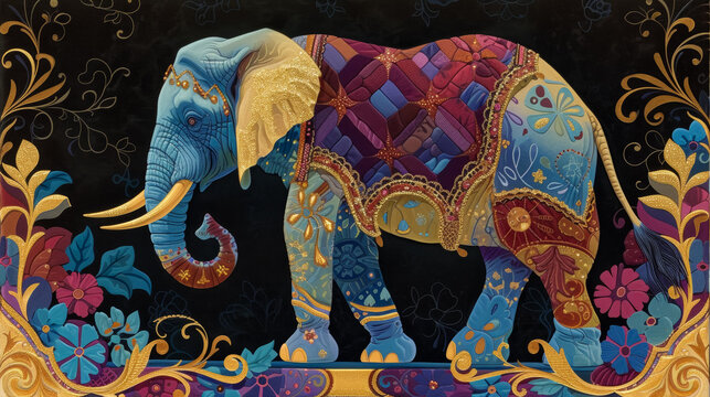 A colorful elephant with a blue and gold blanket on its back. The elephant is standing on a platform with a floral design
