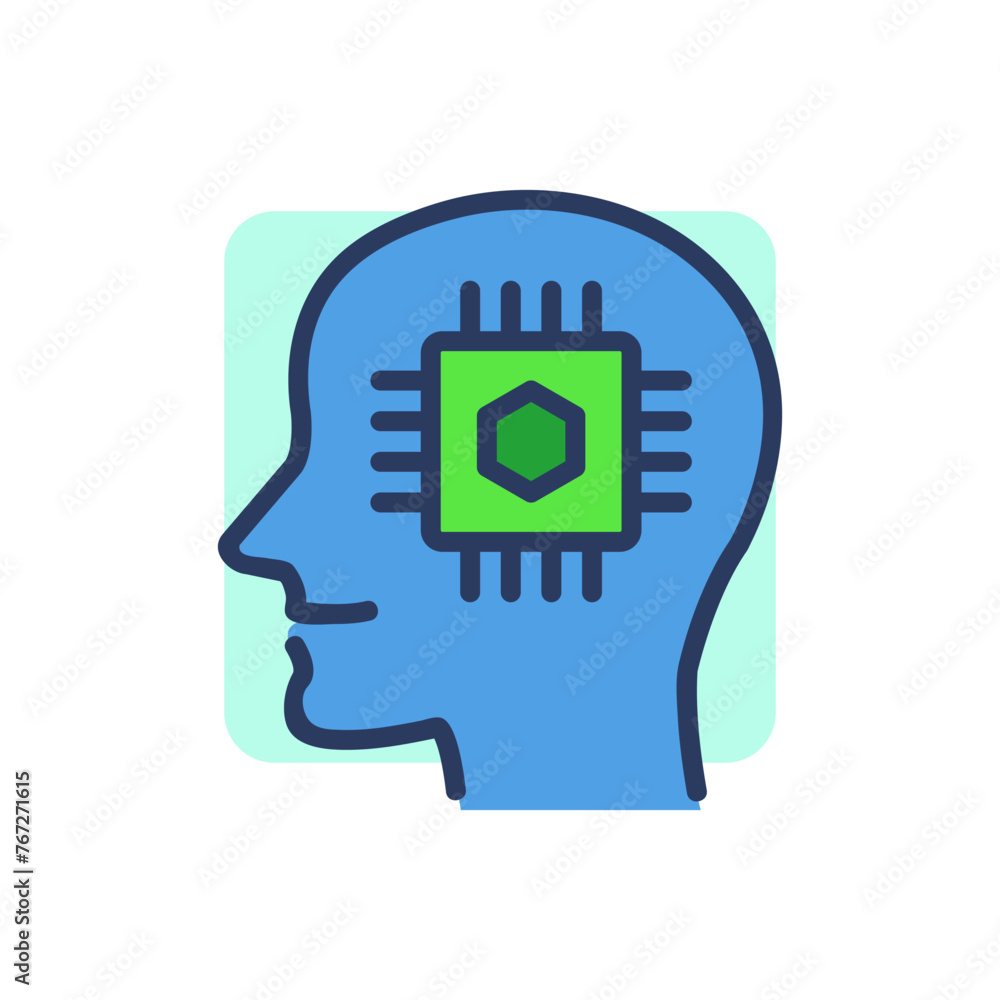 Poster cpu in human head thin line icon. cyborg, robot, ai outline sign. artificial intelligence concept. v