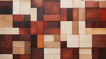 A minimalist design featuring an abstract pattern of overlapping squares in shades of brown and red, resembling a wood grain texture.