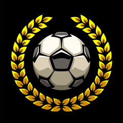 Soccer ball and golden laurel wreath, football logo. Sport games. Sporting equipment. Emblem, badge.