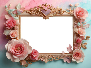 A rectangular frame overflowing with pink roses, perfect for a romantic card or wedding invitation