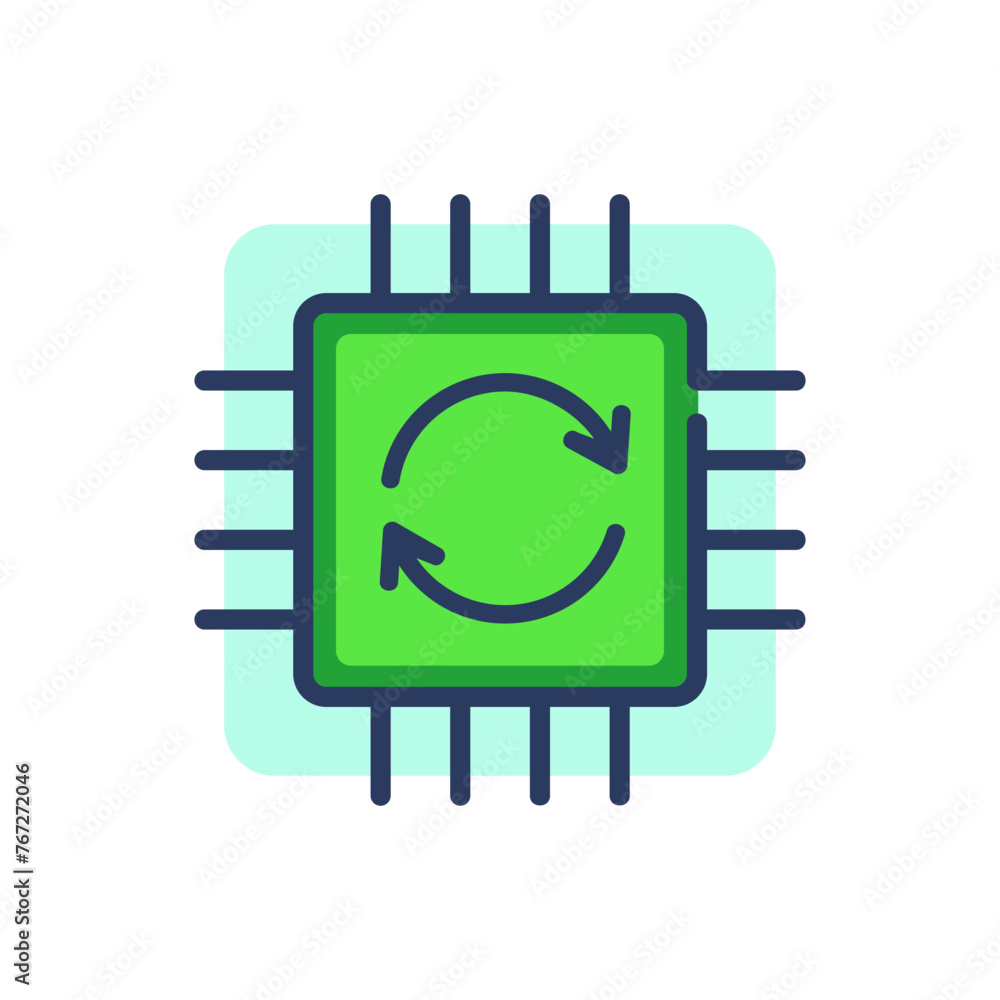 Poster data processing thin line icon. cpu, chip, cycling arrows, automatic outline sign. computer technolo