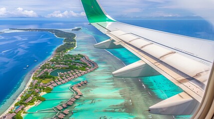 Create a serene scene of an airplane flying over the turquoise waters and pristine beaches of the Maldives