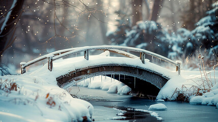 A small, snow-covered bridge crosses a frozen stream in a quiet forest, the details of the bridge and ice clear against a blurred, snowy backdrop. 