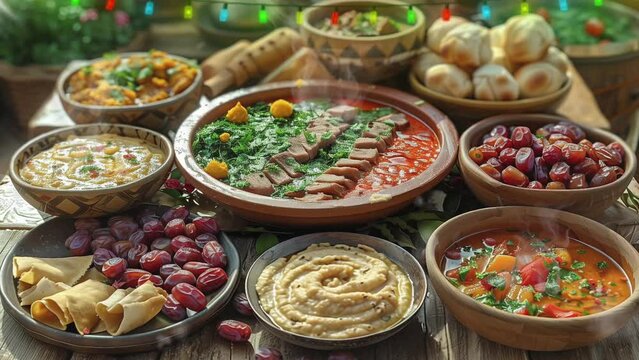 Close up of table prepared in Ramadan food, anime or cartoon style, Muslim family dinner. Islamic food video background