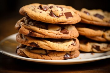 Tempting chocolate chip cookies on a rustic plate against a white background