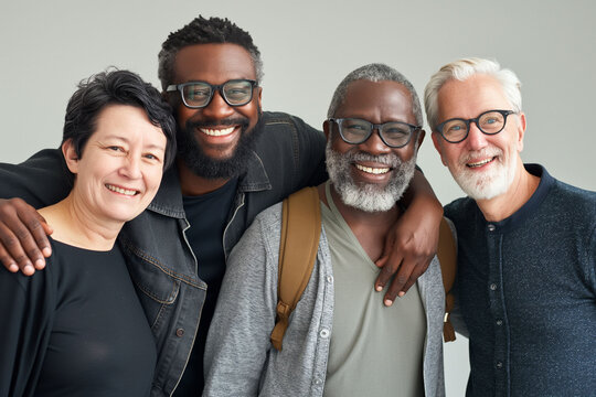 Group of positive handsome very different people,  managers. Concept of diversity. Different hair style. Afro-american, Asian and Caucasian people.