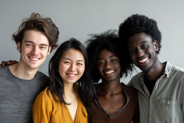 Group of positive handsome very different people, students, managers. Concept of diversity. Different hair style. Afro-american, Asian and Caucasian people.