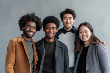 Fototapeta premium Group of positive handsome very different people, students, managers. Concept of diversity. Different hair style. Afro-american, Asian and Caucasian people.
