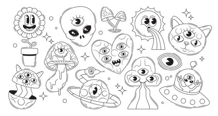 Psychedelic Outline Vector Icons Set. Chamomile Flower In Pot, Alien, Mushrooms And Ufo Saucer. Cat With Three Eyes