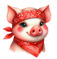 Pig, little piglet in a red bandana, isolated on a white background. Watercolor illustration