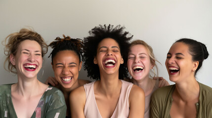 Obraz premium 5 young females with diversity: Happy people laughing and smiling. Concept of solidarity, support, and friendship.