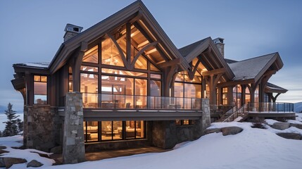 Rustic modern ski chalet with sweeping panoramic windows heavy timber framing and dramatic double-sided stone fireplace.