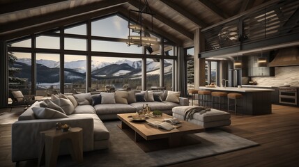 Rustic modern ski chalet with heavy timber trusses vaulted wood plank ceilings and panoramic mountain views. - obrazy, fototapety, plakaty