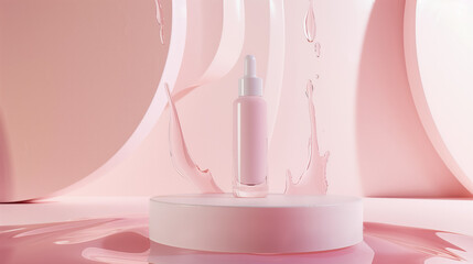 Minimal style Mock-up of a cosmetic product on pastel pink background with splashes clear liquid. Skin care concept.