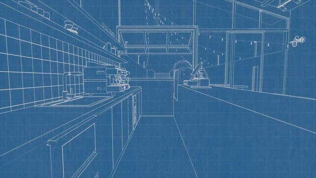 Boceto del interior de restaurante cafetería, vídeo de animación 3d 4k 60fps