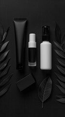 Cosmetic products in black and white packaging. In minimalist dark background and green plants. Cosmetology and skin care concept. Vertical Banner