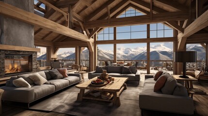 Fototapeta na wymiar Rustic modern ski chalet with heavy timber trusses vaulted wood plank ceilings and panoramic mountain views.