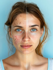 Portrait of a young adult woman before and after treatment for rashes and acne on her facial skin. Skincare and dermatology concept. Vertical Banner.
