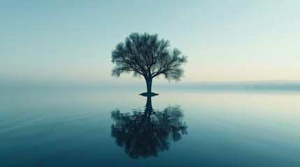 Lonely tree in a lake with reflection in style surrealism and minimalism. Concept of loneliness, melancholy and depression. - obrazy, fototapety, plakaty