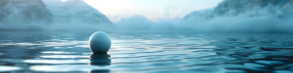 Banner Minimalist ball floating above water on background norwegian nature. Calmness and Mental health concept. Zen and meditation.