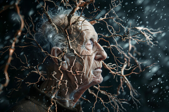 Memory loss due to dementia. Senior losing parts of head as symbol of decreased mind function. Alzheimer's disease is a neurodegenerative disease.