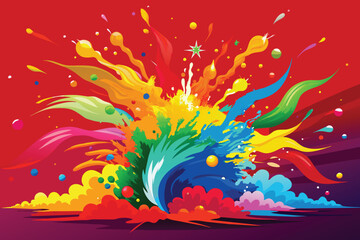 Fototapeta na wymiar Vibrant rainbow hues burst forth in a dynamic holi paint powder explosion vector, set against a clean panoramic backdrop