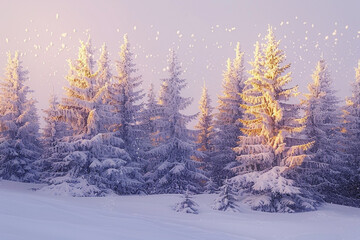 Fototapeta na wymiar A snow-covered pine forest with the early morning sun casting a golden glow on the trees, snow particles gently falling.