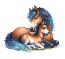 Mother horse and foal, motherhood, mother and baby hugging, sitting on green grass. Watercolor illustration