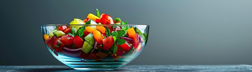 Colorful fresh salad in a glass bowl with vivid reflections. Nutritious meal concept for diet plans and culinary blogs
