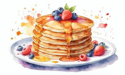 Pancakes with berries and maple syrup. Watercolor hand drawn illustration