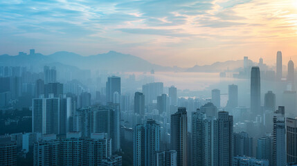 A bustling city skyline is shrouded in smog, underscoring the environmental challenges posed by rapid urbanization. The image serves as a reminder of the need for sustainable urban