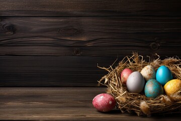 Fototapeta na wymiar Easter eggs in the basket of wooden boards and copy space - generative ai