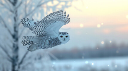 A snowy owl in mid-flight, its wings spread wide against a blurred, snowy landscape. The owl's detailed feathers stand out against the serene, muted colors of the winter background.