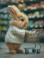 very small furry fluffy  rabbit is pushing shopping cart in supermarket looking for his carrot
