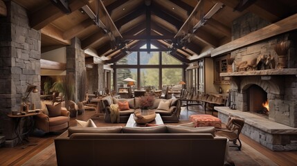Rustic ranch-style great room with soaring wood beam ceilings stone fireplace southwest textiles and lofted walkway overlooking space.