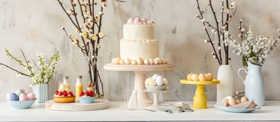 Easter-themed decorations including cakes, eggs, and willow branches displayed on a white table, creating a festive scene with space for design.